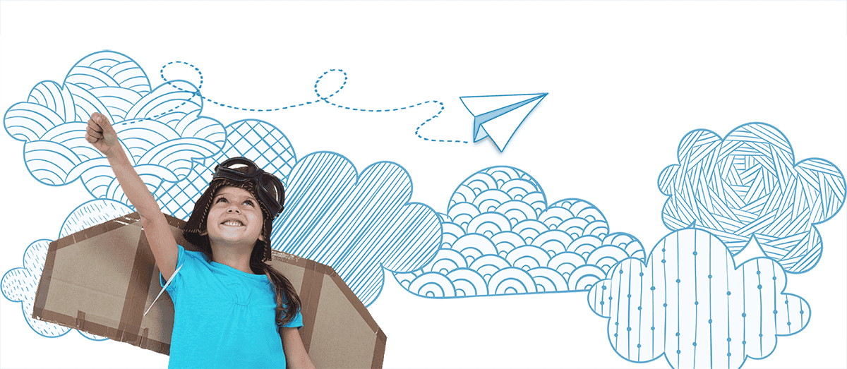 A child in aviator goggles reaching for doodle clouds — Kid's Country brand artwork